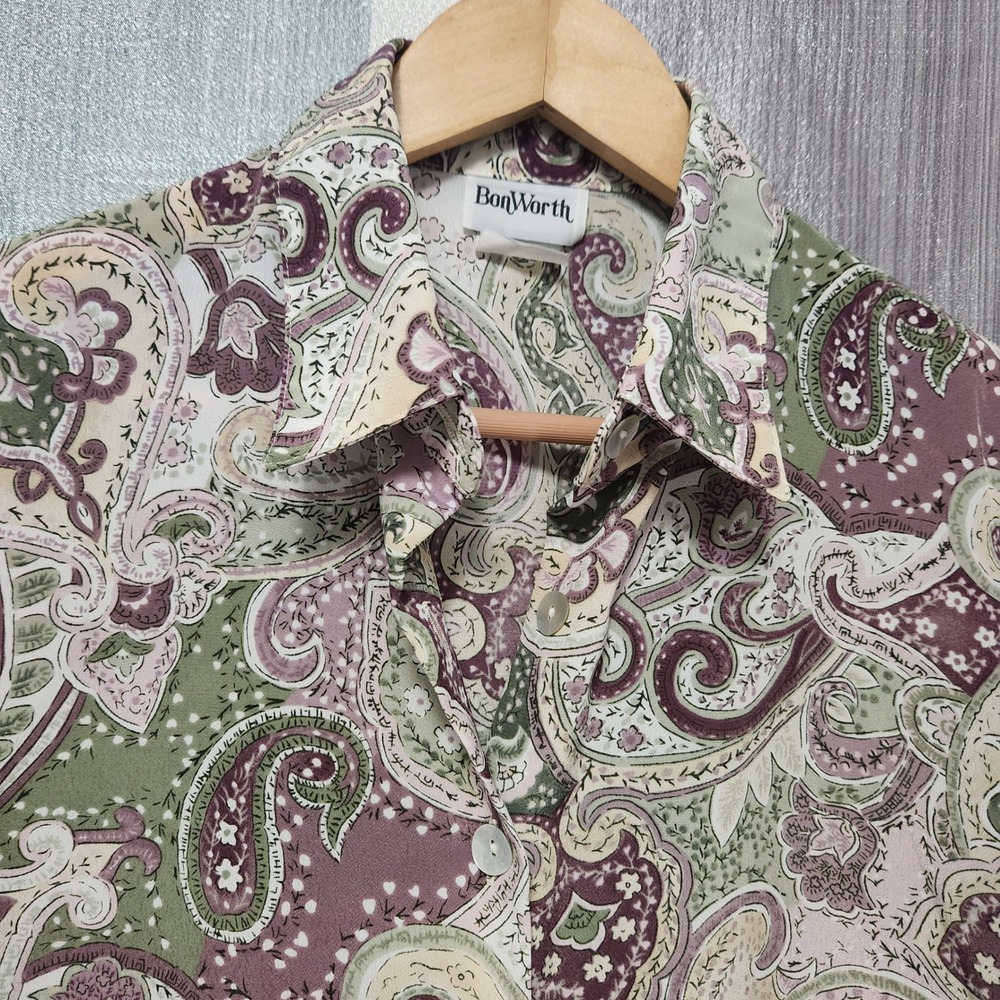 Vintage BonWorth Paisley Button Down Womens Shirt Short Sleeve L Boho Retro